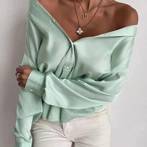 Preppy Womens Button Up Solid Shirt Mint Green